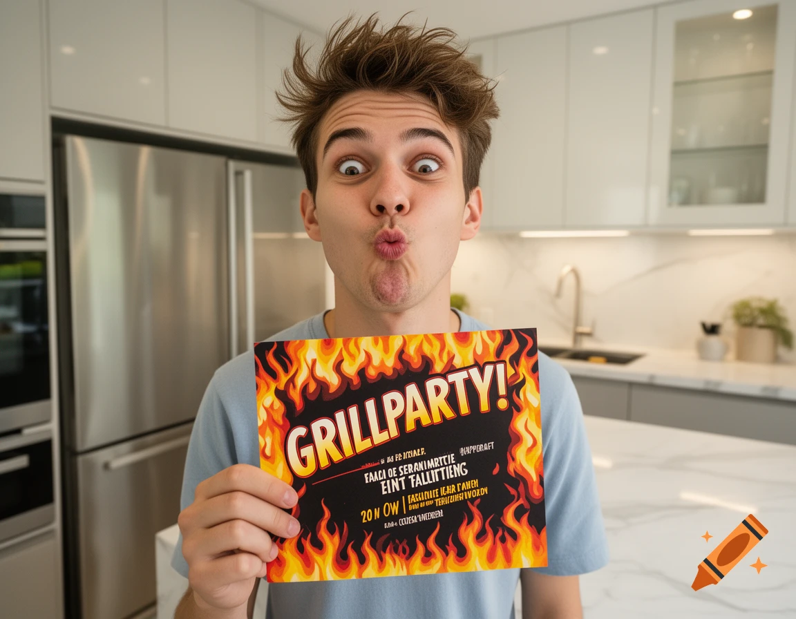 A young man with wide eyes and a puckered face holds up a 'GRILLPARTY!' invitation card with flame borders in a modern kitchen.