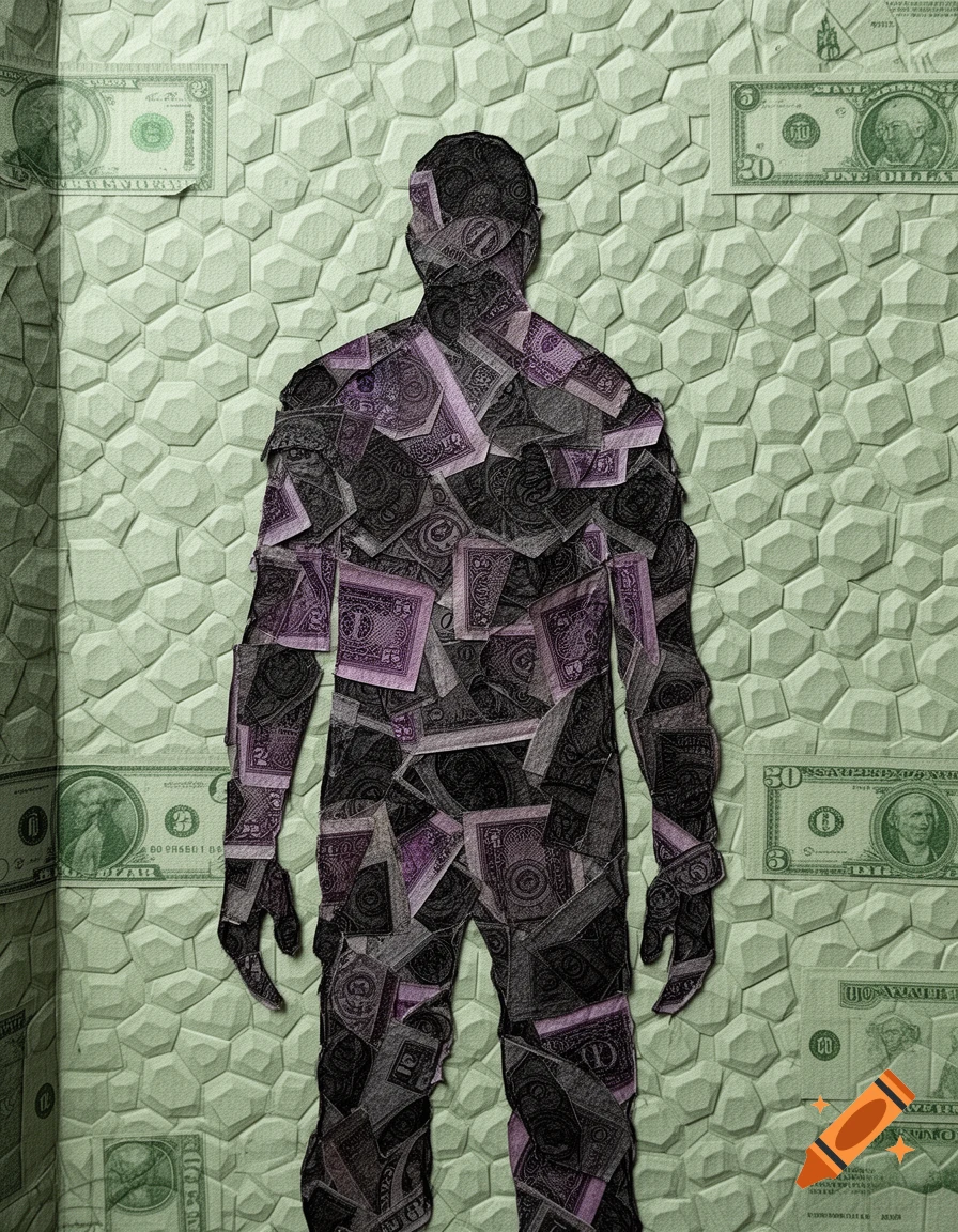 A silhouette of a human figure composed of dark, shredded currency fragments, against a textured wall made of pale green dollar bill patterns.