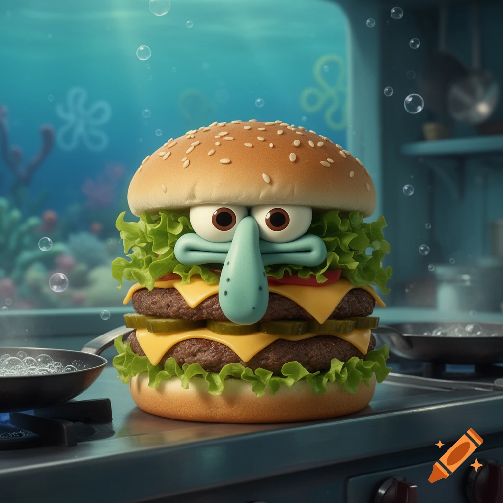 A double Krabby Patty burger with Squidward's eyes and nose, featuring lettuce, cheese, and pickles, on a stovetop with an underwater Spongebob background.