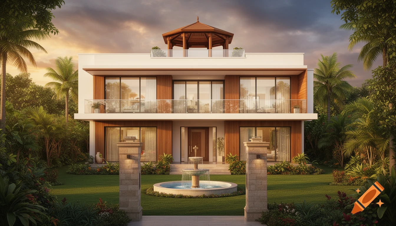 A photorealistic render of a modern luxury house with a tropical garden, fountain, and octagonal gazebo under a dramatic golden hour sky.