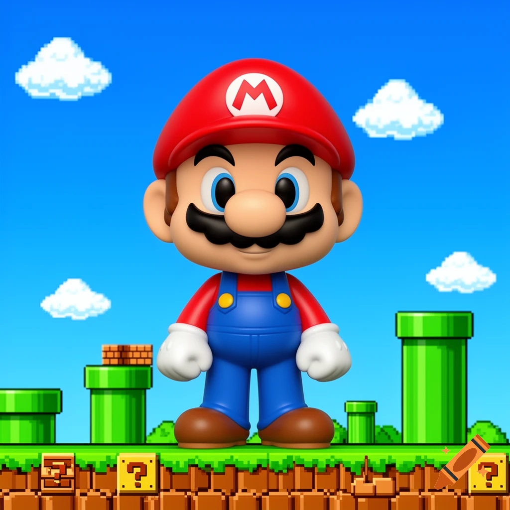A Funko Pop style Mario in a pixelated Super Mario Bros. landscape with pipes, question blocks, and brick platforms.