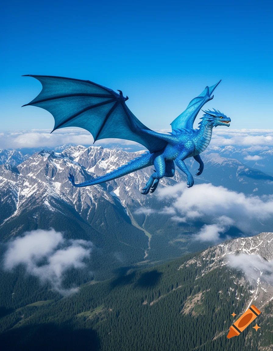 A majestic blue dragon with large wings flies over snow-capped mountains and green forests under a clear blue sky, photorealistic style.