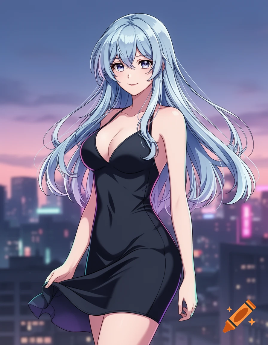 An anime girl with long light blue hair and purple eyes, wearing a form ...