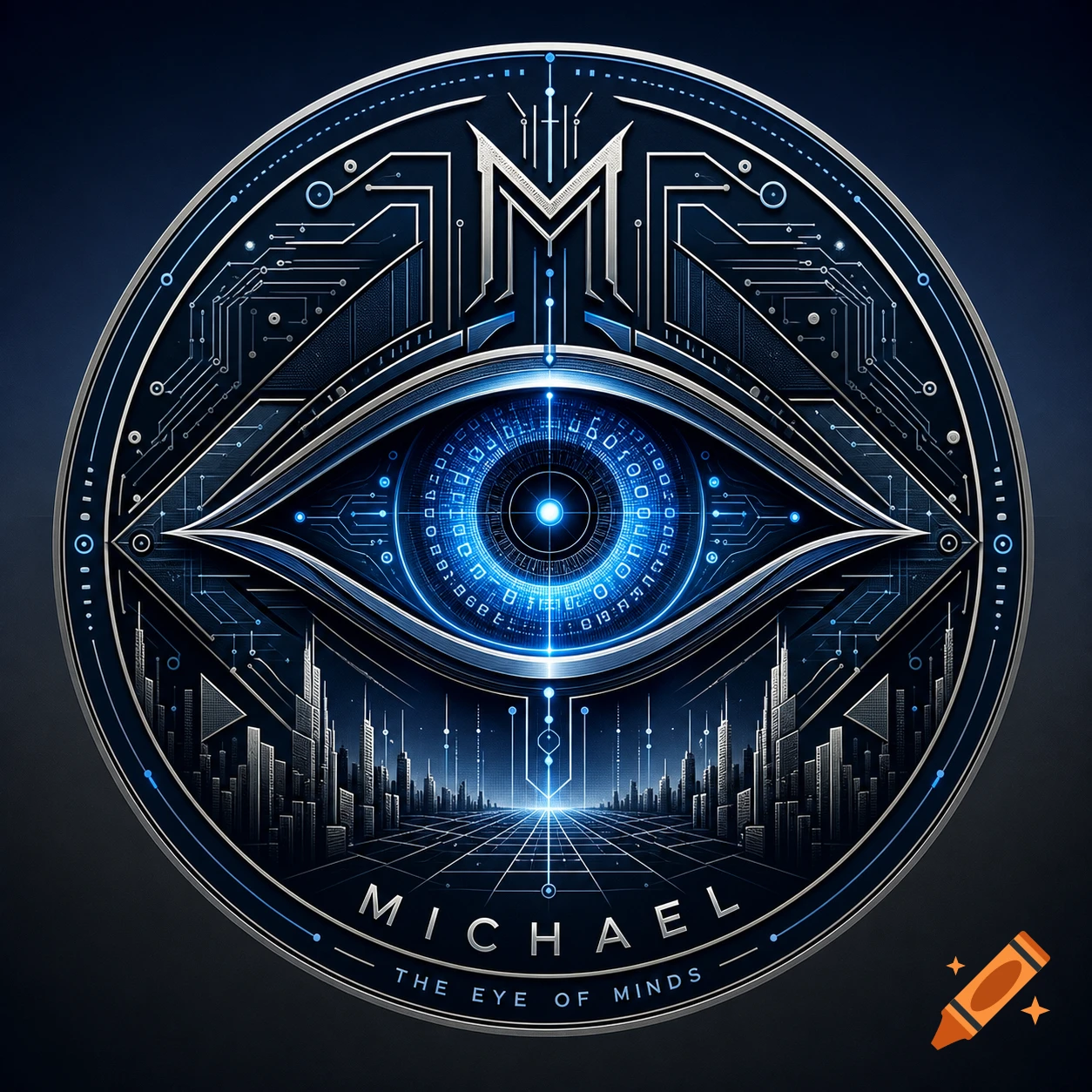 A circular, blue and silver logo featuring a stylized eye with circuit board patterns, a cityscape, and the text 'MICHAEL THE EYE OF MINDS'.