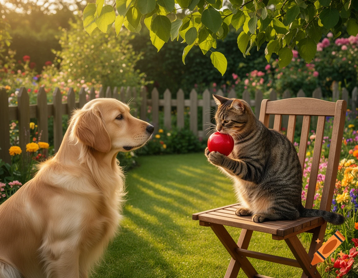 A golden retriever sits in a sunny garden, looking at a tabby cat on a chair holding a red apple.
