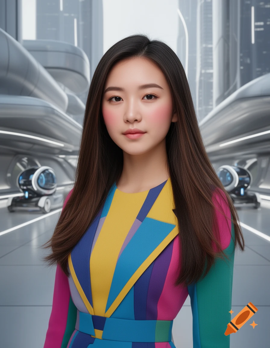 Photorealistic portrait of a young Asian woman with long dark hair in a geometric colorful dress, standing in a futuristic city.