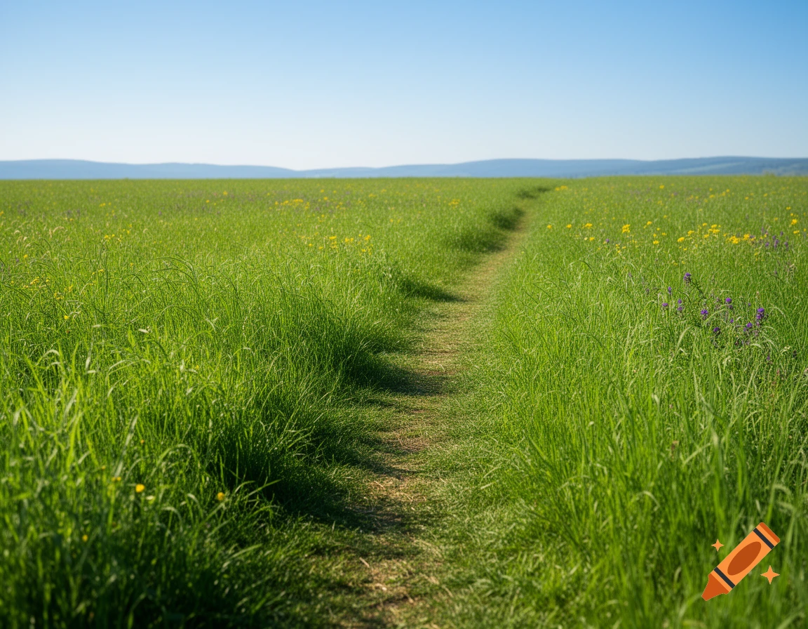 A winding dirt path cuts through a vibrant green field under a clear blue sky, with distant hills on the horizon.