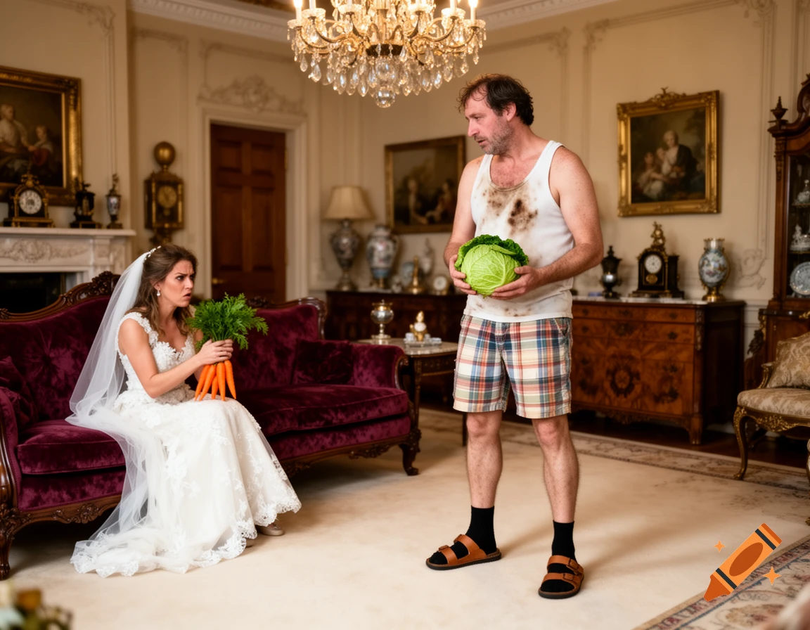 A bride holding carrots glares at an unkempt man in a stained tank top and plaid shorts holding a cabbage, in an opulent living room.