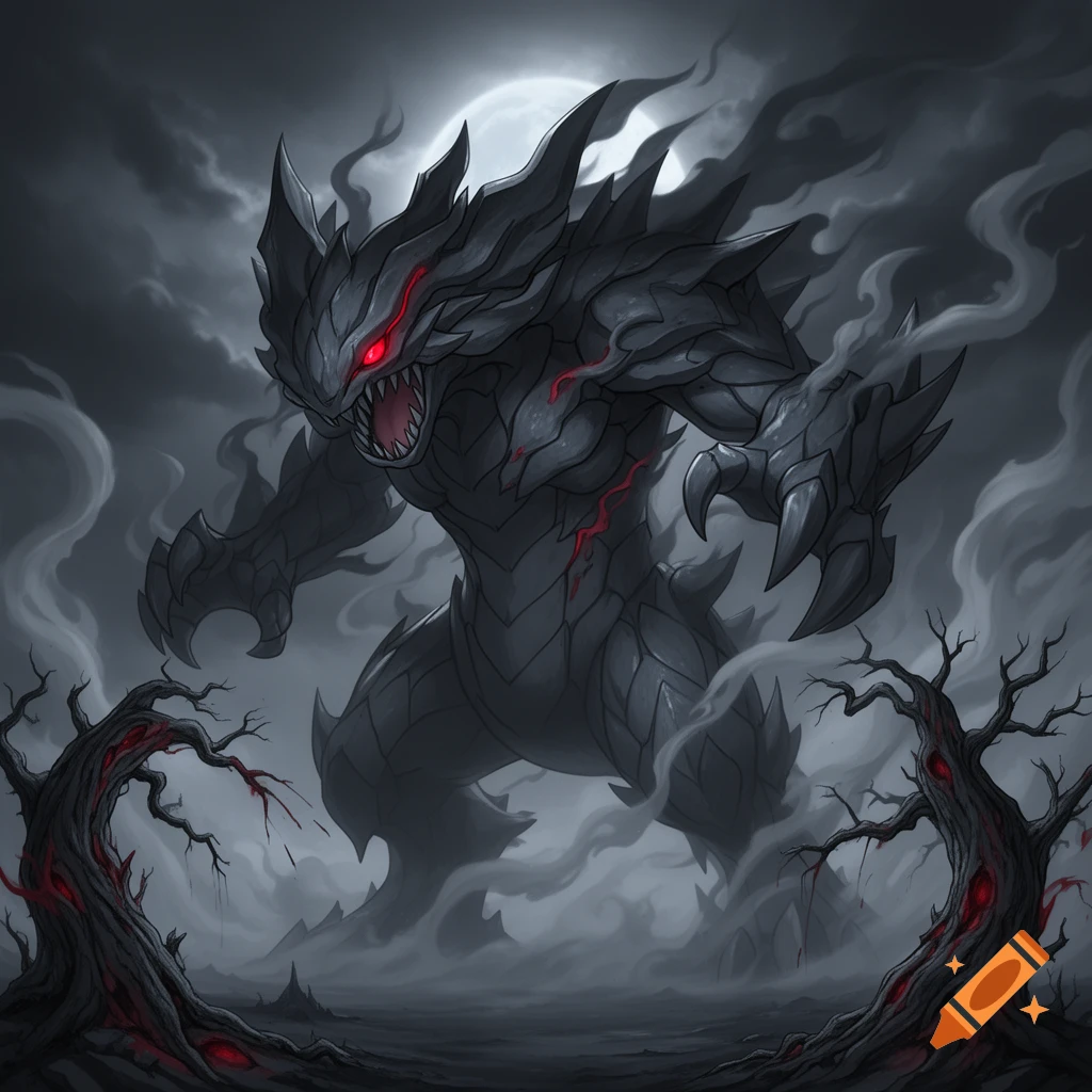 A large, dark, spiky monster with glowing red eyes and open mouth, roaring in a misty, moonlit landscape with twisted trees.