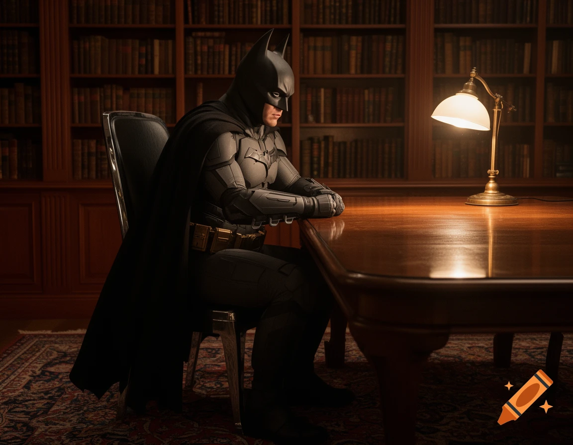 Batman sits at a large wooden desk with an illuminated lamp, surrounded by bookshelves in a dim library.