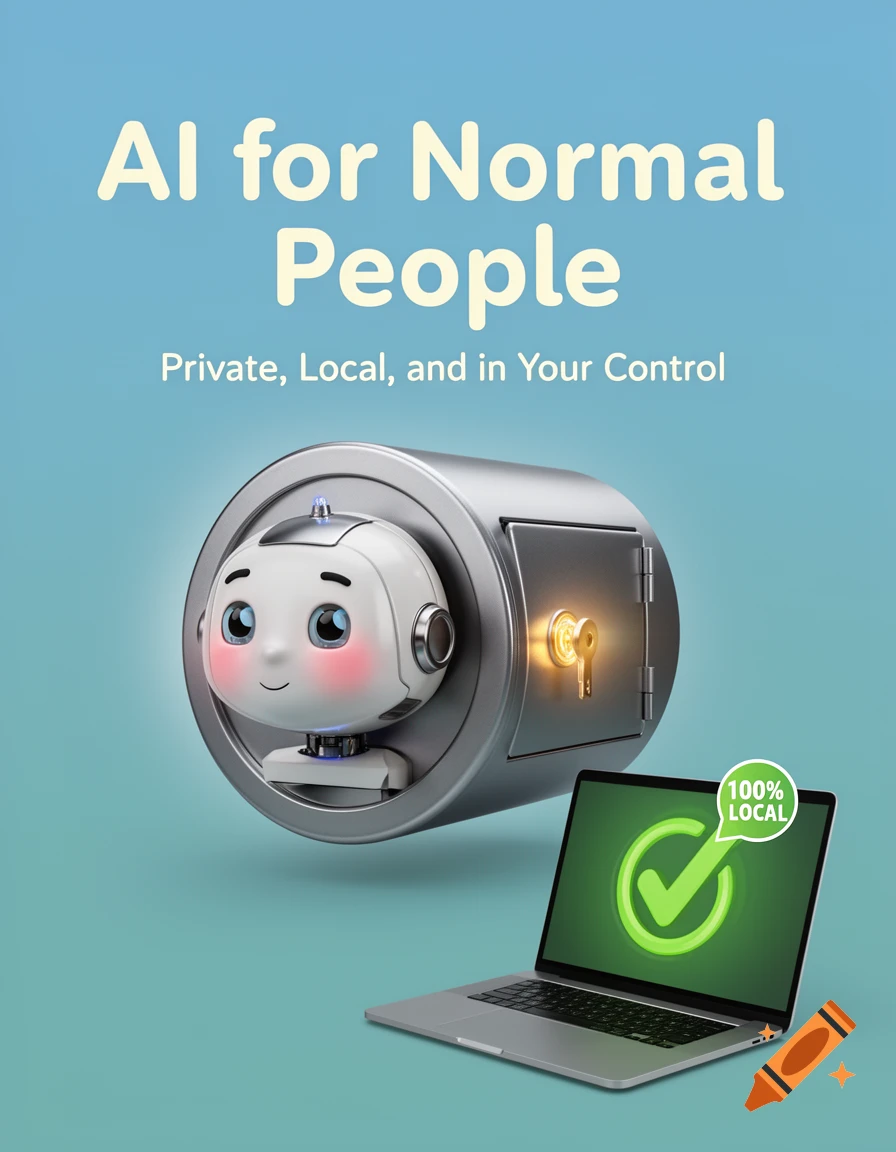 A cute robot head merging with a safe, a laptop displaying '100% LOCAL', and text 'AI for Normal People'.