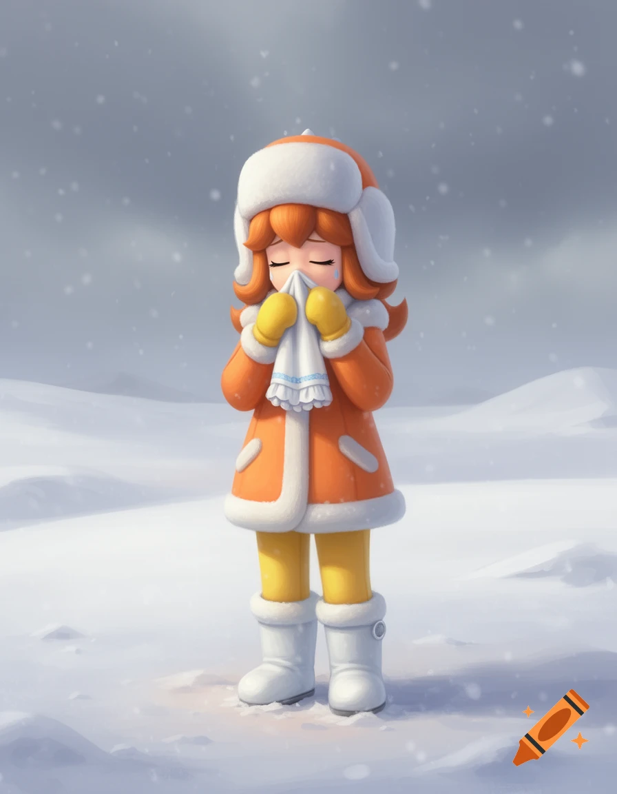 Princess Daisy in an orange winter coat, yellow pants, and a white fur hat, blowing her nose into a handkerchief in a snowy field.
