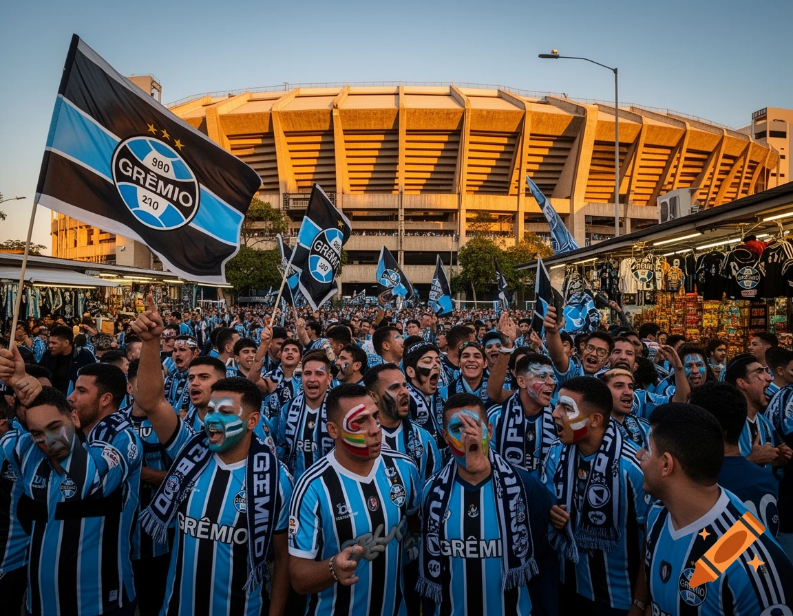 Jubilant Gremio football fans in blue and black jerseys and face paint wave flags outside a stadium.