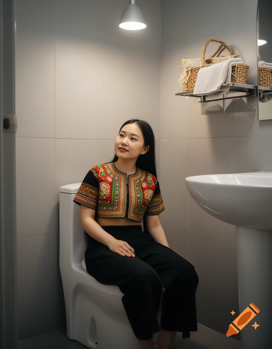 A young woman in a colorful Hmong crop top and black pants sits on a toilet in a brightly lit bathroom.