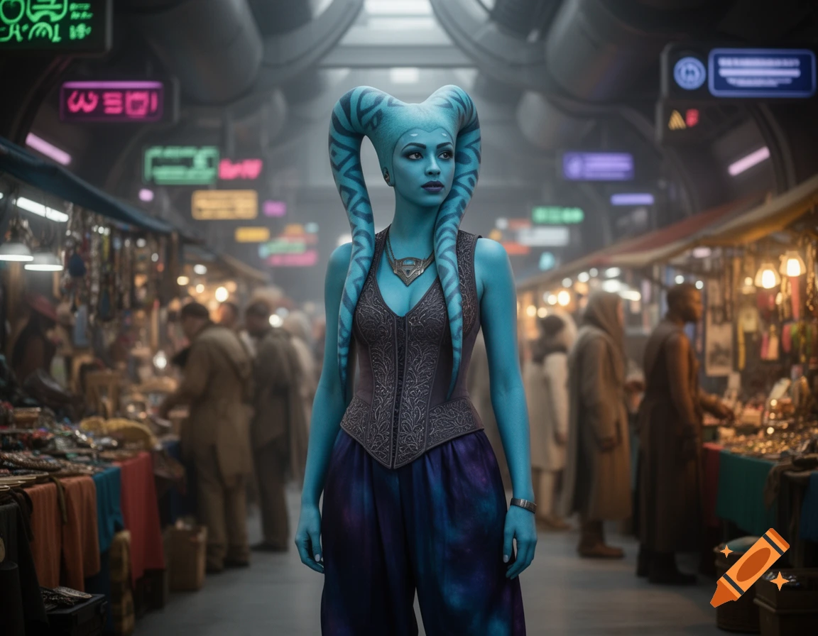 A blue-skinned Twi'lek woman with lekku head-tails stands in a bustling alien market under neon signs, looking photorealistic.