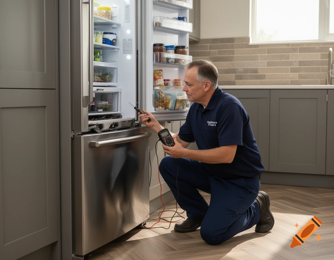 Man in uniform kneeling to repair a stainless steel refrigerator in a modern kitchen, holding tools and a multimeter.