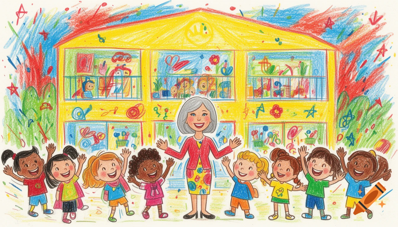 A colorful crayon drawing shows a gray-haired teacher with arms outstretched, surrounded by a group of happy, diverse children waving in front of a yellow school building.