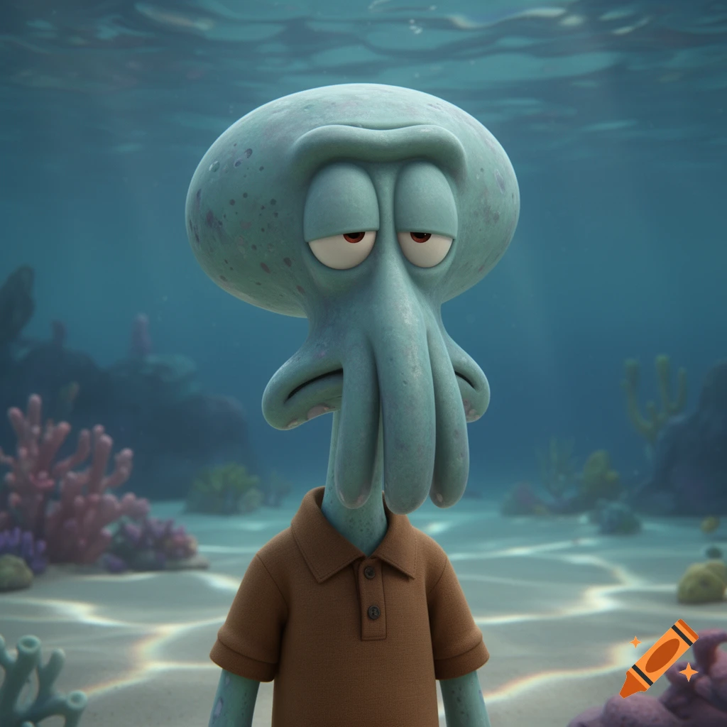A hyper-realistic Squidward from Spongebob SquarePants stands underwater, looking displeased.