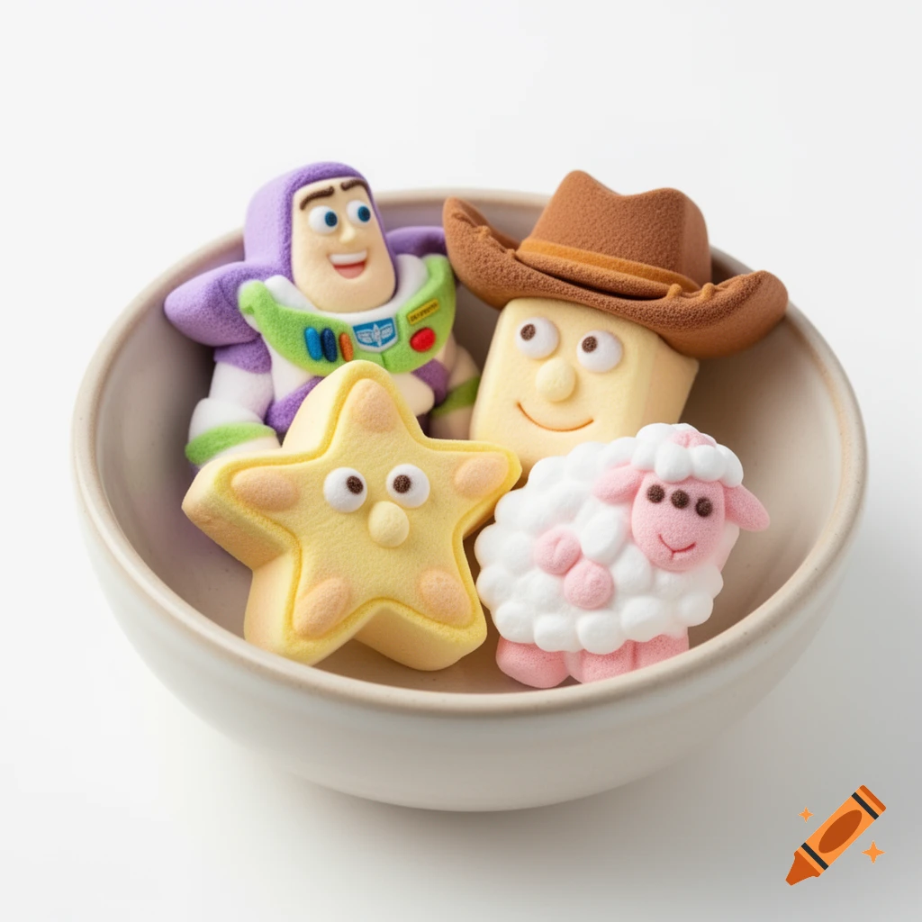 Four Toy Story character marshmallows, including Buzz Lightyear, Woody, a star, and a sheep, sit in a white bowl.