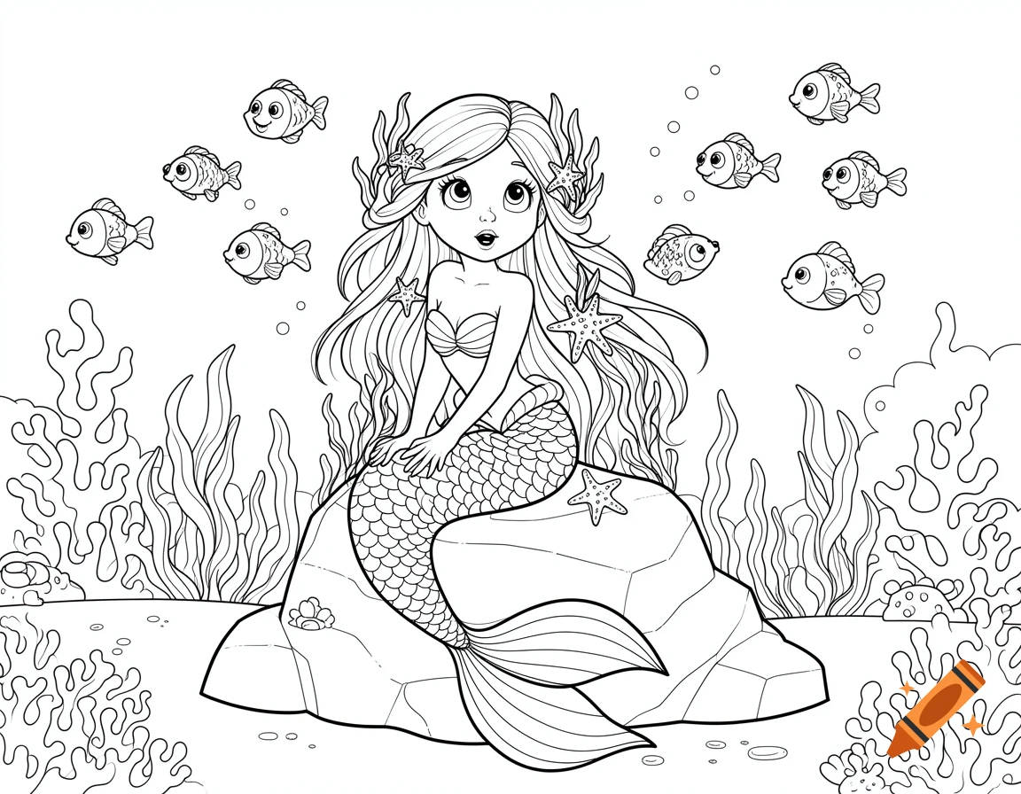 Black and white outline drawing of a cartoon mermaid sitting on a rock underwater with fish and seaweed, suitable for coloring.