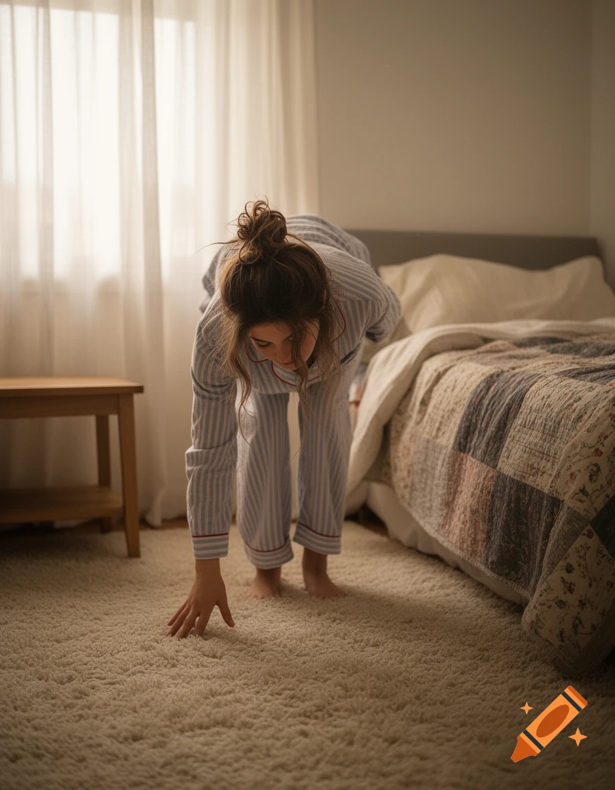 A woman in striped pajamas with her hair in a messy bun bends down, touching a shaggy cream carpet in a softy lit bedroom next to a bed.