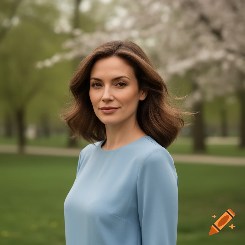 A photorealistic portrait of a woman with brown hair, wearing a light blue dress, standing in a park with trees.
