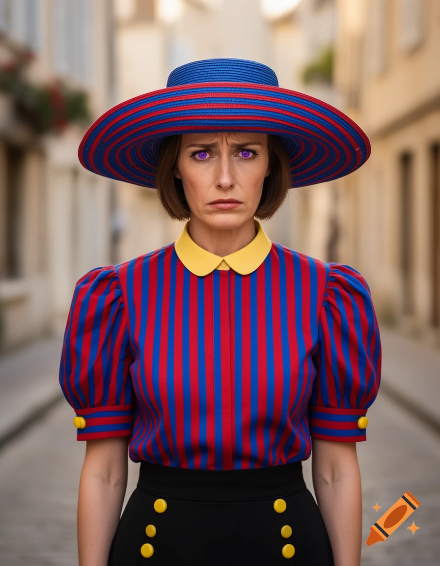 Unhappy woman with purple eyes, short brown hair, wearing a red and blue striped outfit with a large hat, on a cobbled street.