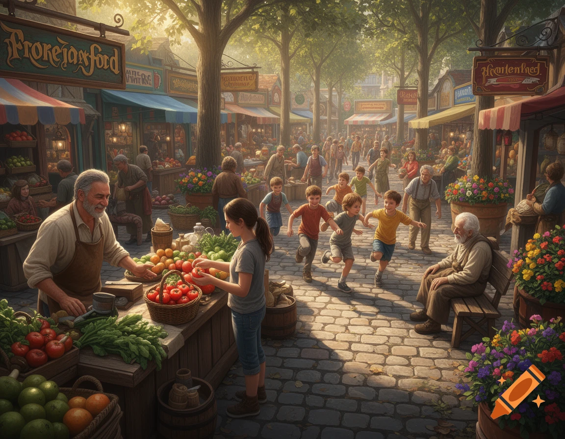 Vibrant market scene with vendors, customers, and children playing on a cobblestone street, surrounded by trees and stalls.