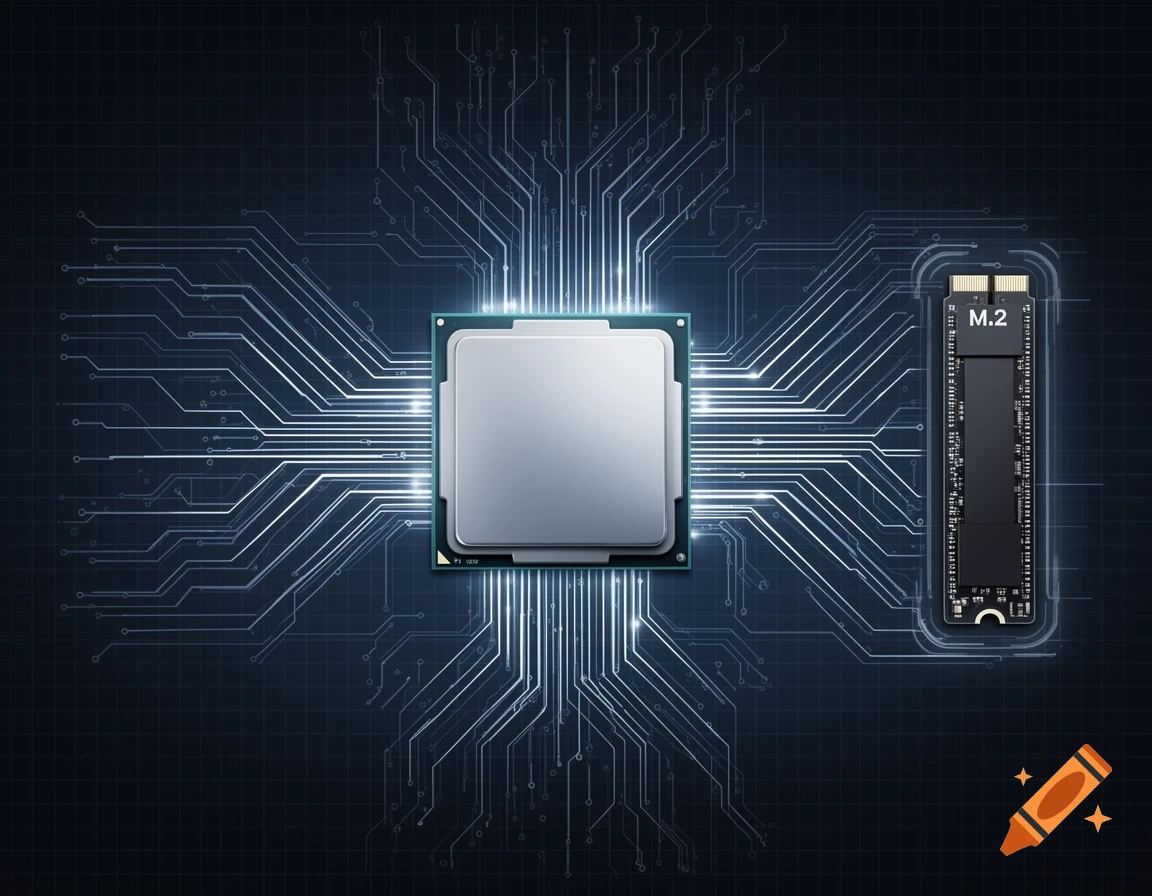 An illustration of a CPU and an M.2 SSD connected by glowing circuit lines on a dark background, representing a motherboard architecture.