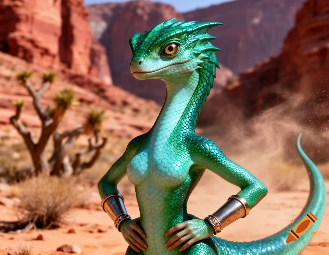A green scaly humanoid lizard with gold armbands stands in a desert with red rock formations.