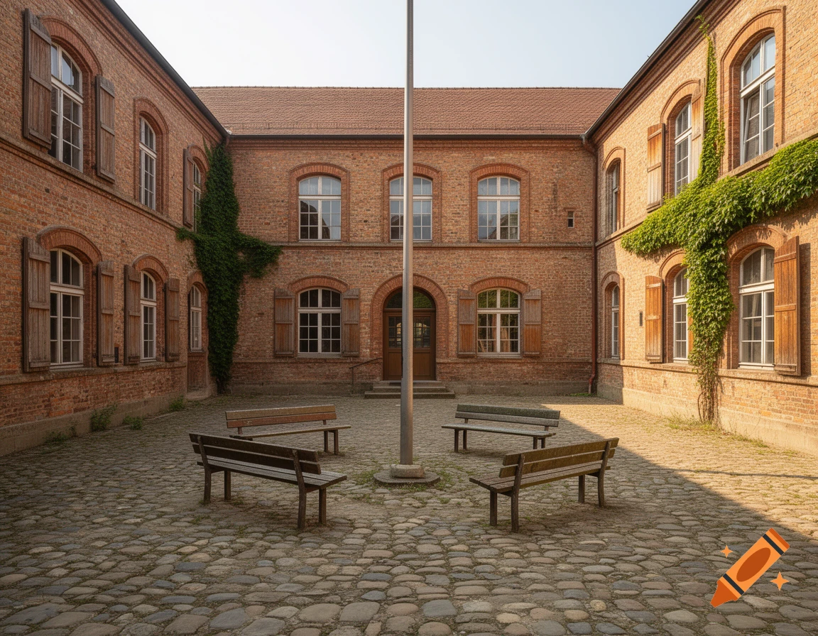 Photorealistic view of an empty old school courtyard with brick buildings, wooden shutters, ivy, benches, and cobblestones.