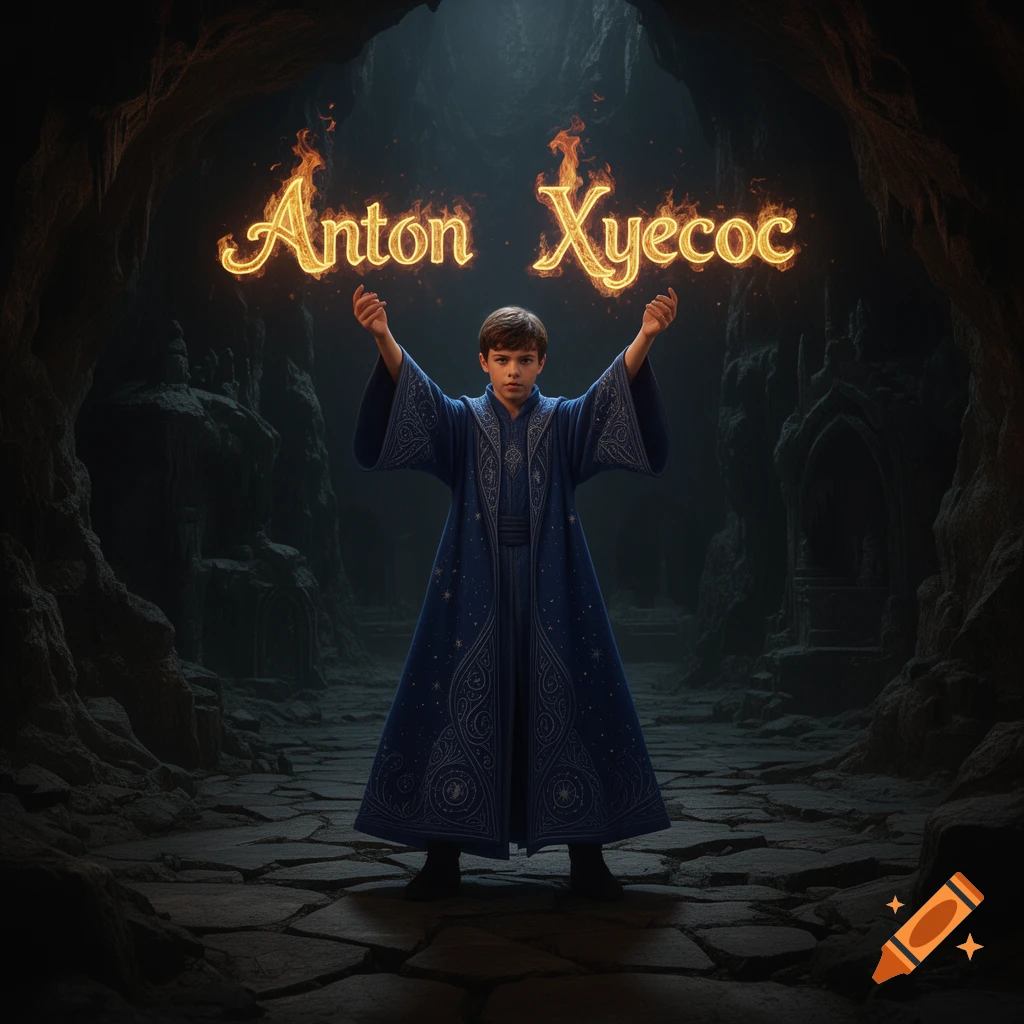 A young wizard in a blue robe stands in a dark cave, holding up two flaming words "Anton Xyeecoc".