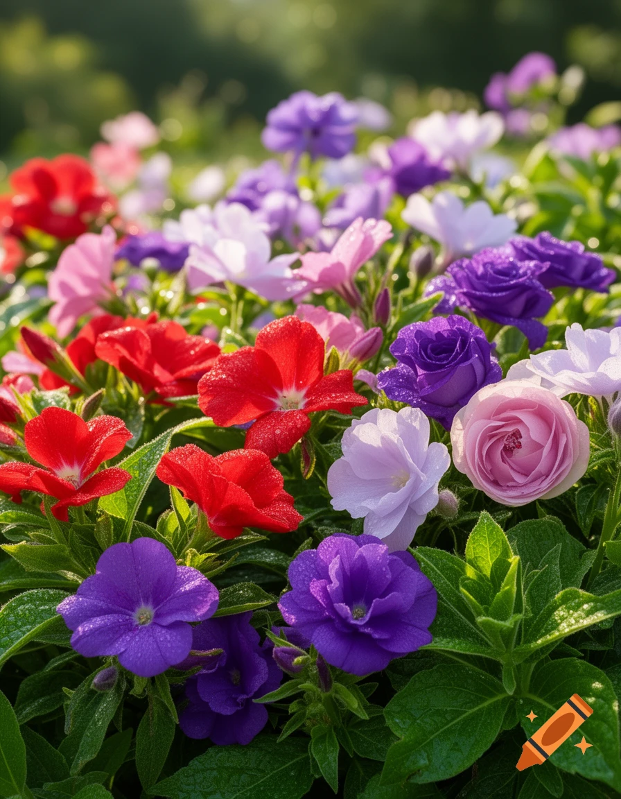 Close-up of vibrant red, purple, pink, and white flowers with dew drops in a lush garden.