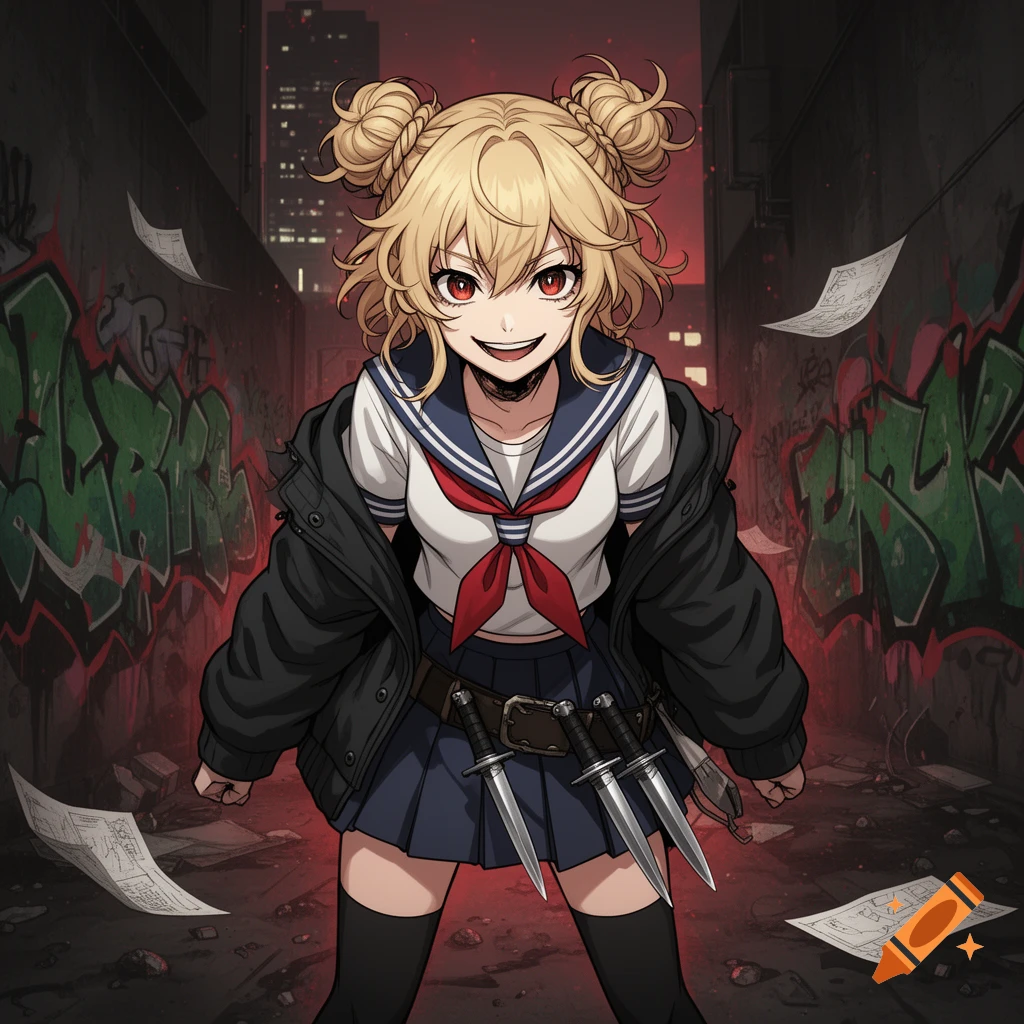 Anime character Himiko Toga with blonde pigtails, school uniform, black jacket, and daggers, grinning maniacally in a dark, graffiti-covered alley.
