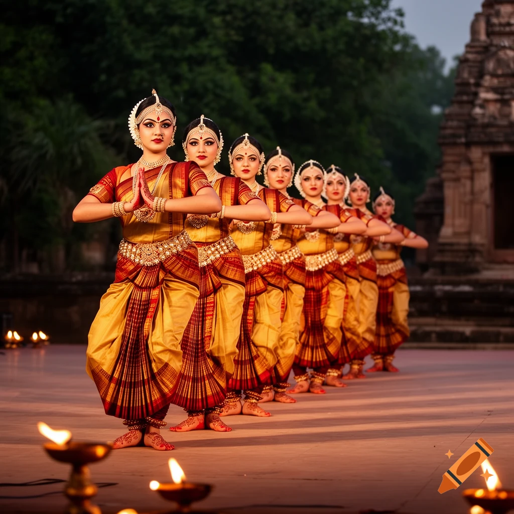Seven Indian classical dancers in golden and red traditional attire perform in a line on a stage with lit oil lamps, with a temple in the background.