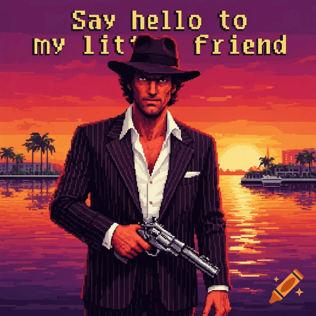 Pixel art of a man in a pinstripe suit and fedora, holding a revolver, against a sunset cityscape. Text: 'Say hello to my lit'l friend'.