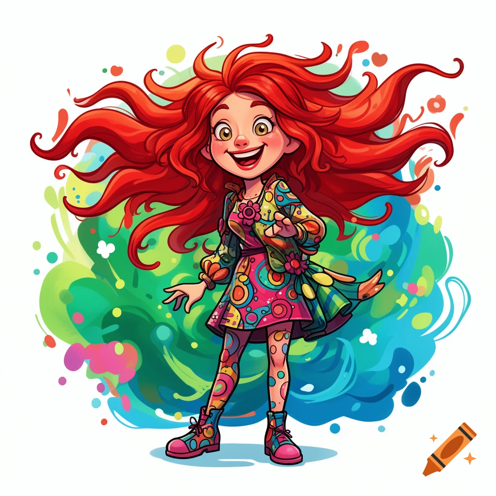 A vibrant cartoon girl with long flowing red hair and a colorful, patterned outfit smiles joyfully against a paint splattered background.