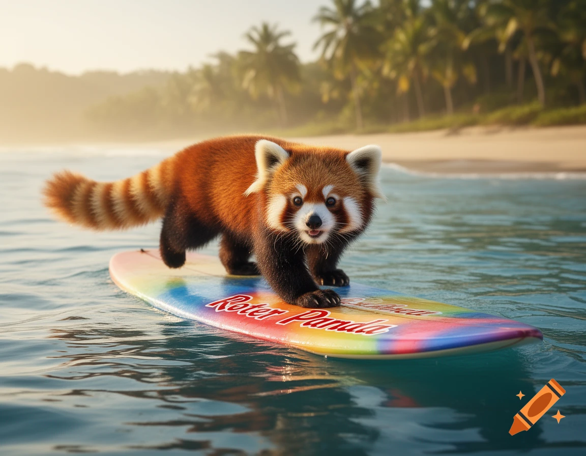 A cute red panda stands on a colorful surfboard in clear ocean water near a tropical beach with palm trees at sunset.