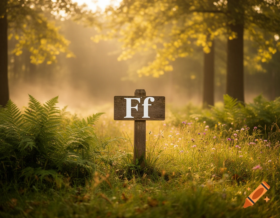A wooden sign with "Ff" on a post in a sunlit, misty forest with ferns and wildflowers.