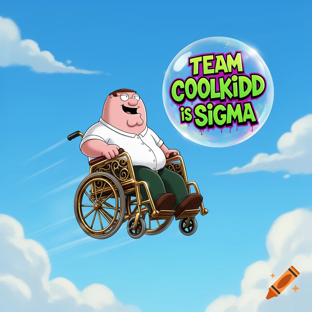 Cartoon Peter Griffin flies in an ornate golden wheelchair under a blue sky, next to a bubble saying "TEAM COOLKIDD IS SIGMA".