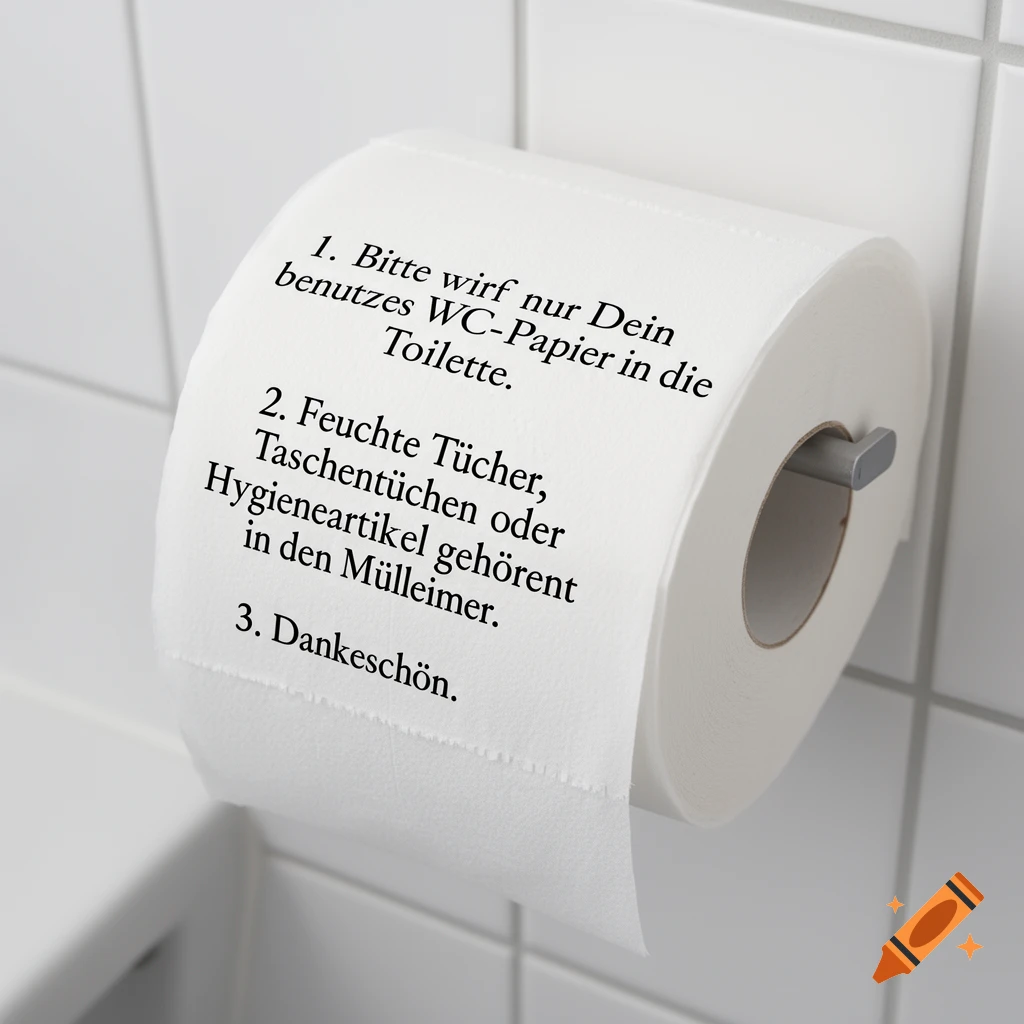 A roll of toilet paper on a dispenser, printed with three rules in German about disposing of waste in a toilet.