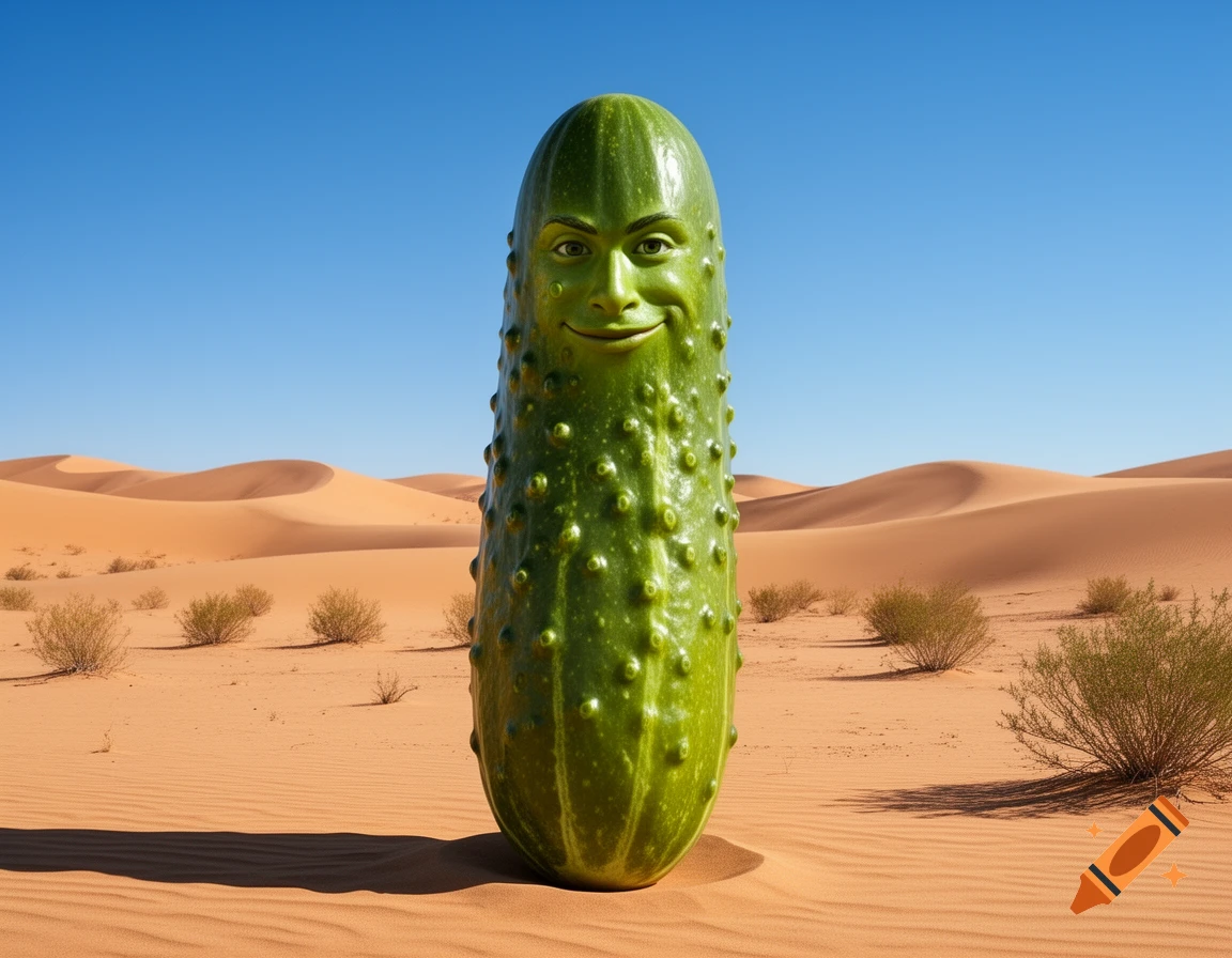 A photorealistic green pickle with a smiling human face stands in a vast sandy desert under a clear blue sky.