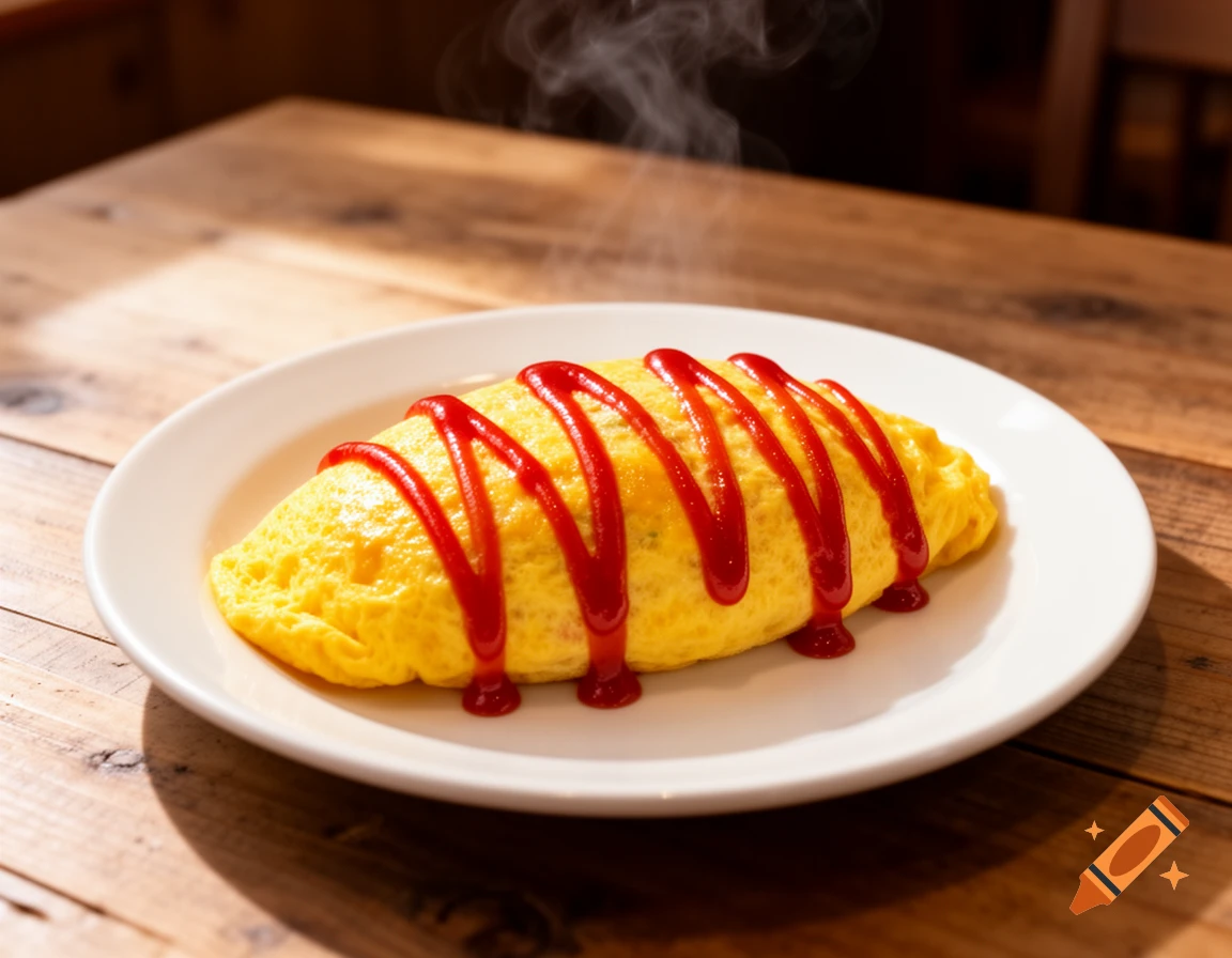 Steaming omurice topped with ketchup on a white plate, resting on a wooden table in sunlight.