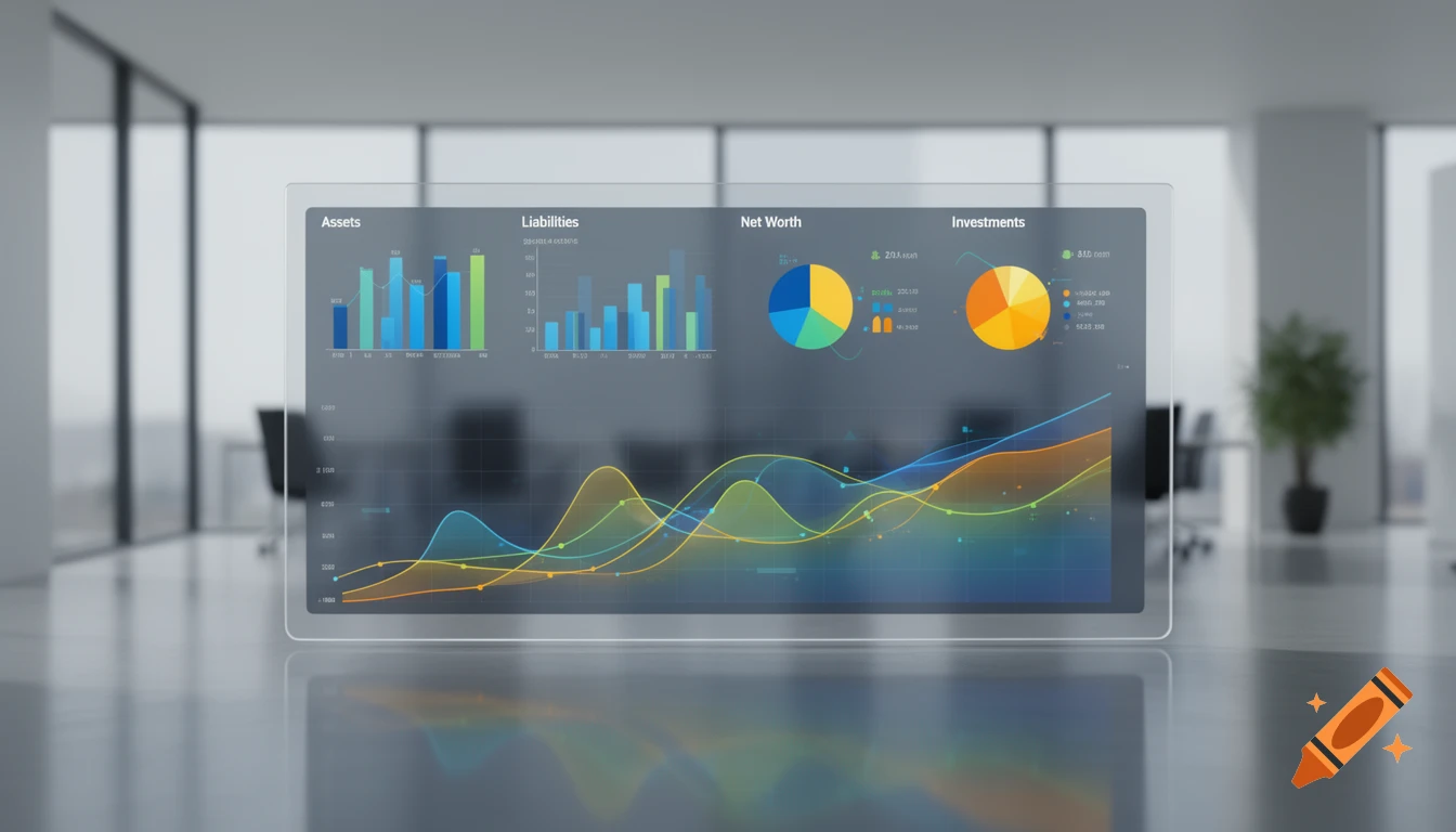 A futuristic transparent financial portfolio dashboard displaying various charts and data in a modern office setting, with reflections on the polished floor.