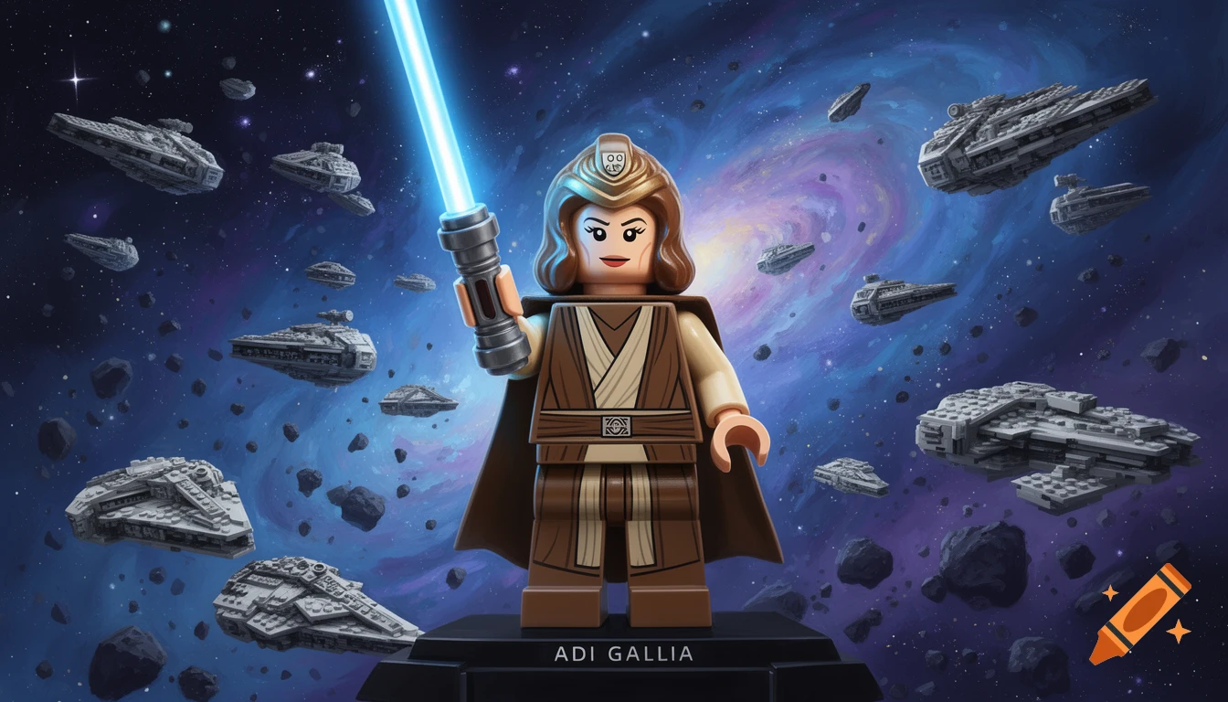 A LEGO minifigure of Adi Gallia with a blue lightsaber stands on a display base, surrounded by LEGO starships and asteroids in a galaxy.