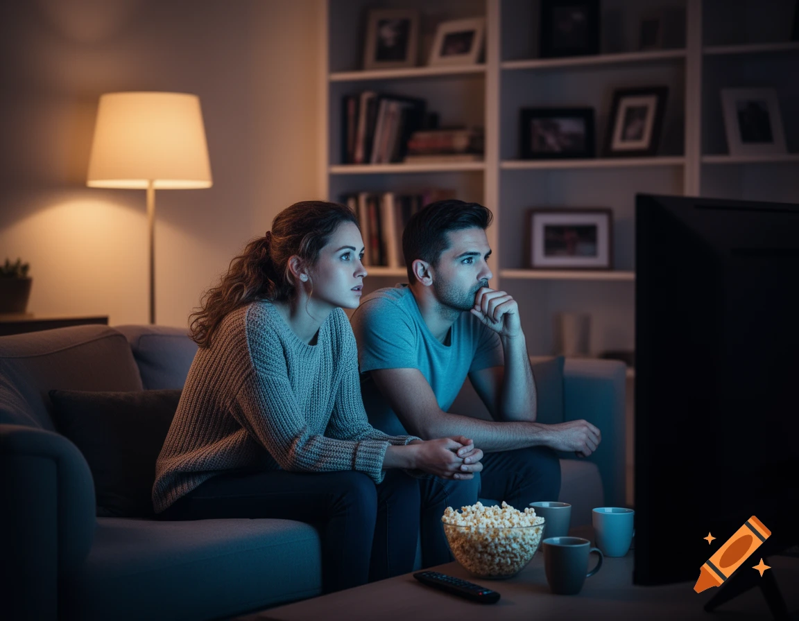 A couple sits on a couch in a dimly lit living room, intently watching television with a bowl of popcorn on the table.