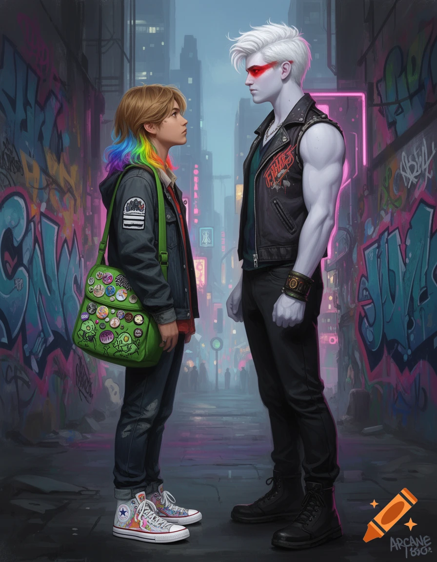 A stylized cyberpunk street scene features a short person with rainbow hair and a green pin-covered bag looking up at a tall, muscular person with white hair, red markings on their face, and a black leather vest. Graffiti covers the walls of the alley.