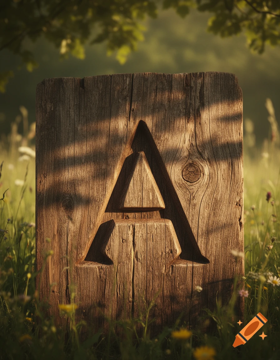 A carved wooden letter 'A' stands upright in a lush, sunlit grassy field surrounded by wildflowers.