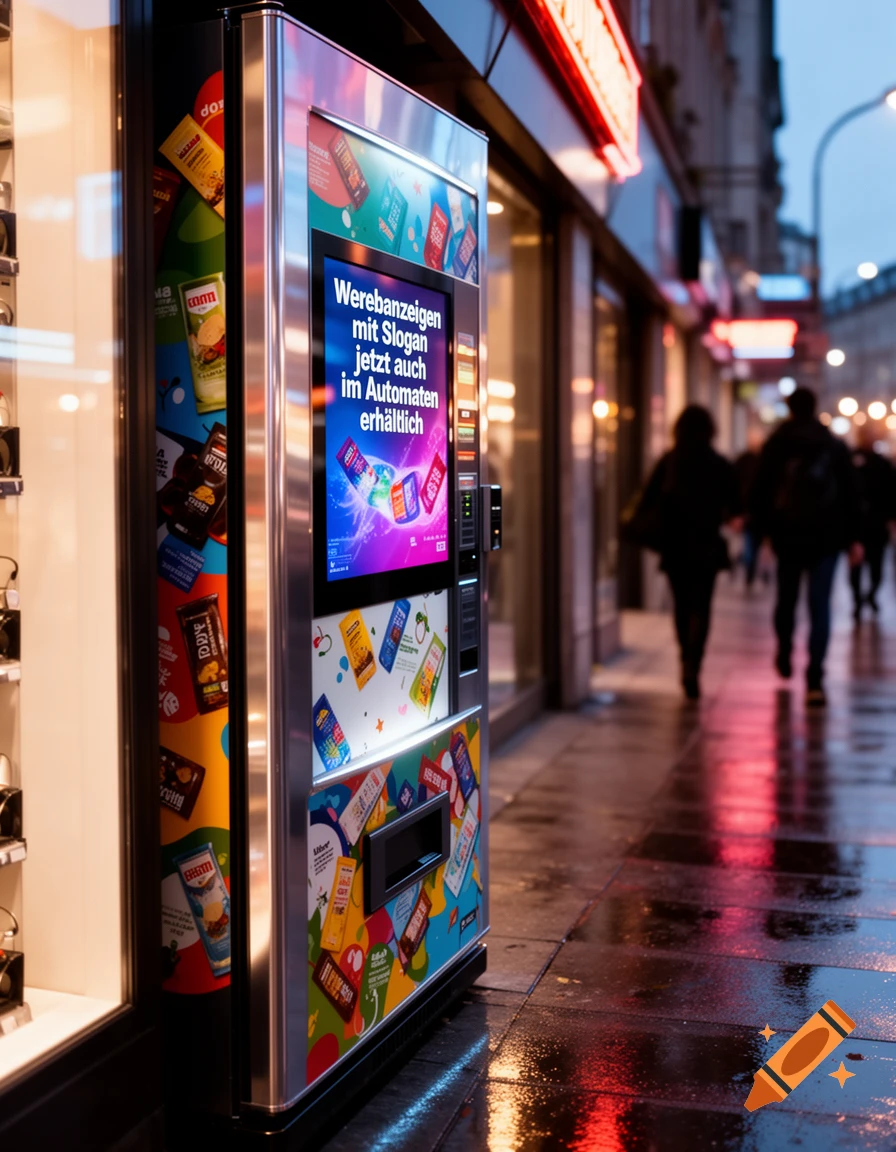 A brightly lit vending machine stands on a wet city sidewalk at dusk, with blurred figures walking in the background and reflections on the ground.