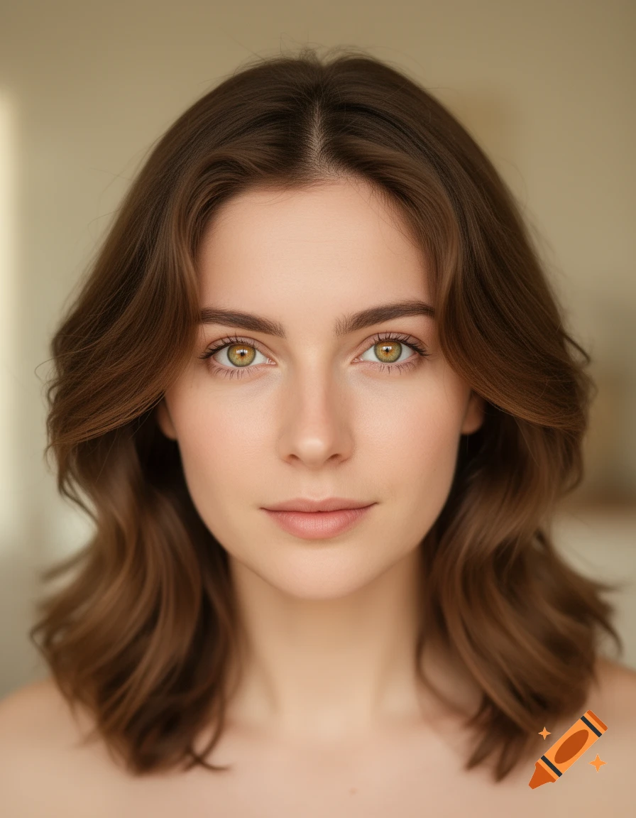 Photorealistic portrait of a young woman with wavy brown hair and hazel ...